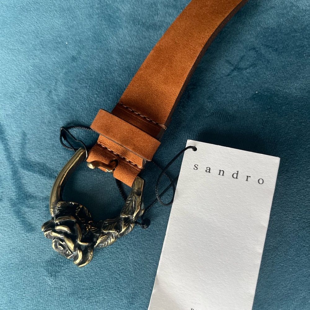 Sandro Tan Suede Belt with Ornate Gold Buckle